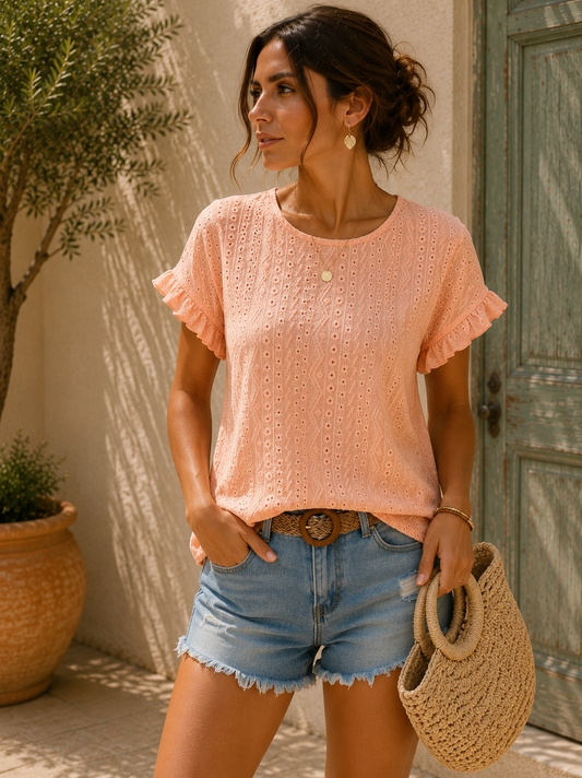 Blusa de cuello redondo con bordado inglés