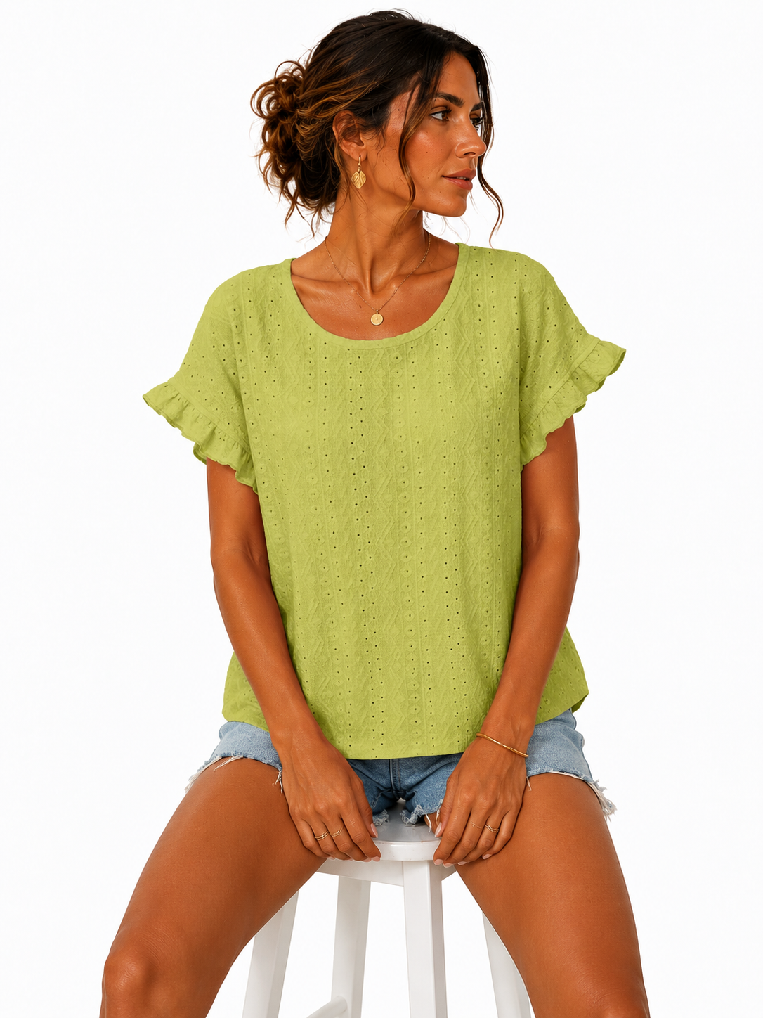 Blusa de cuello redondo con bordado inglés